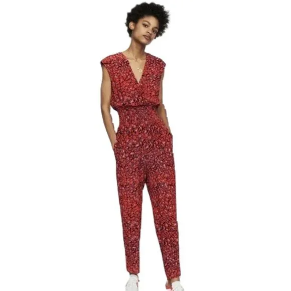 MAJE Pioma Leopard-print Woven Jumpsuit In Imprime Size XS EU 34 Red Gray Grey - Picture 1 of 11